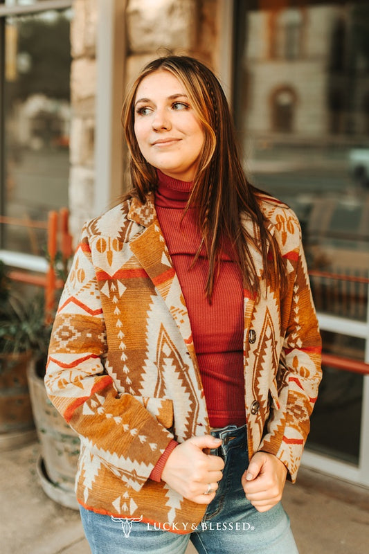 MOCHA AZTEC BUTTON DOWN BLAZER