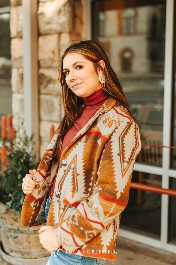 MOCHA AZTEC BUTTON DOWN BLAZER