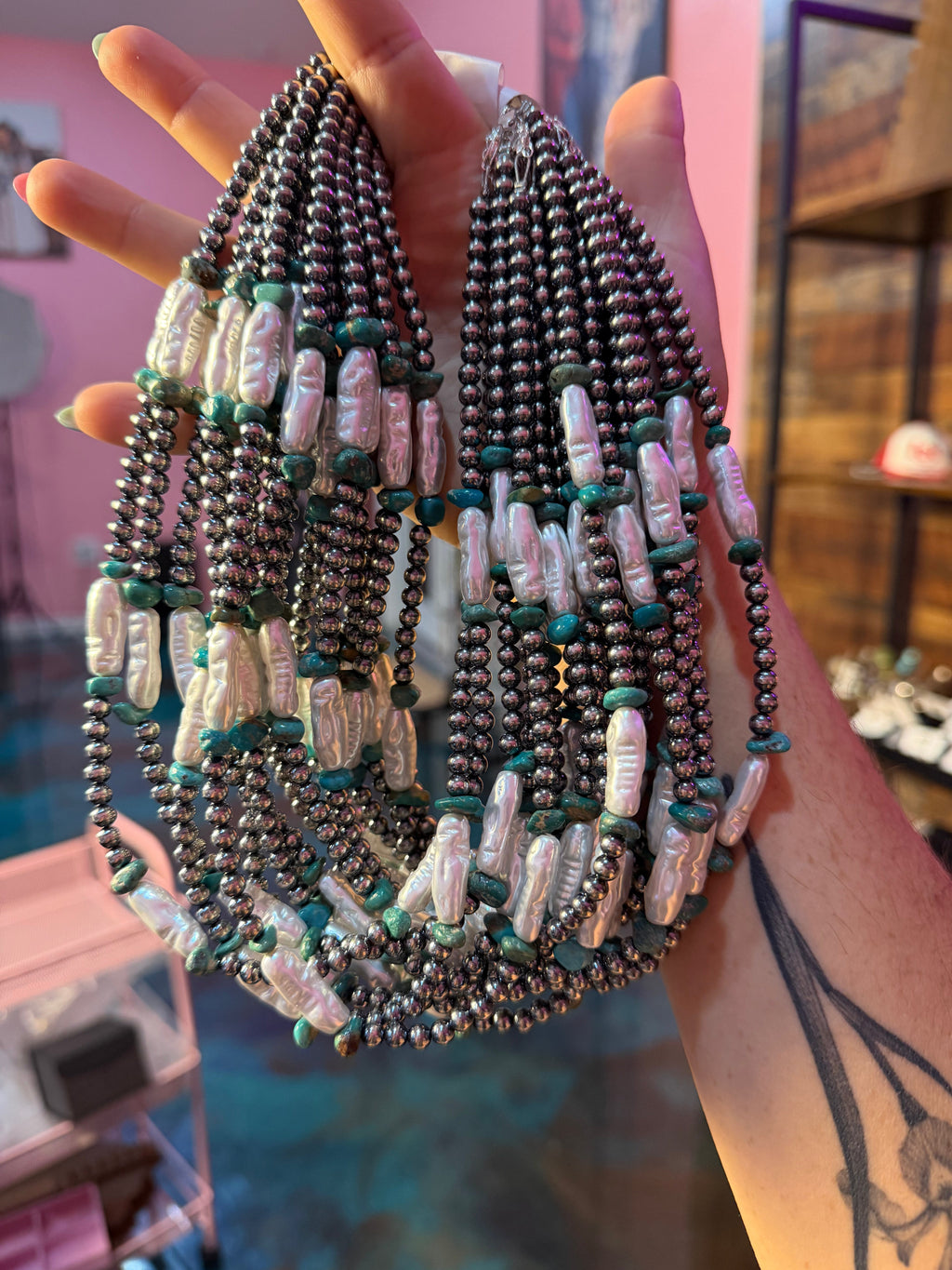 18-Inch Turquoise, White Freshwater Pearl Necklace