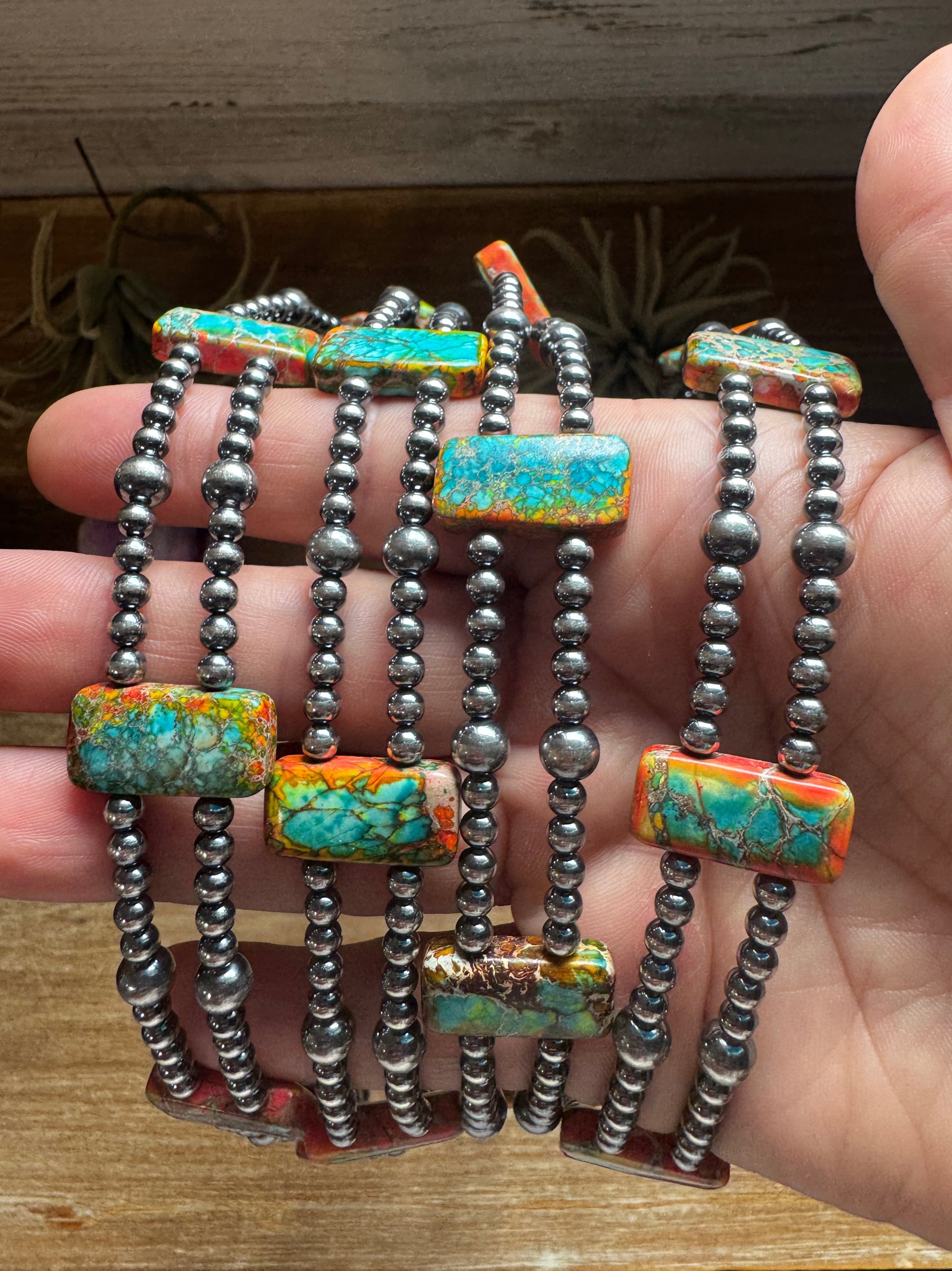 Orange/Turquoise Double Strand Necklace – 13” Beaded – Sterling Silver Pearls & Rectangle Variscite