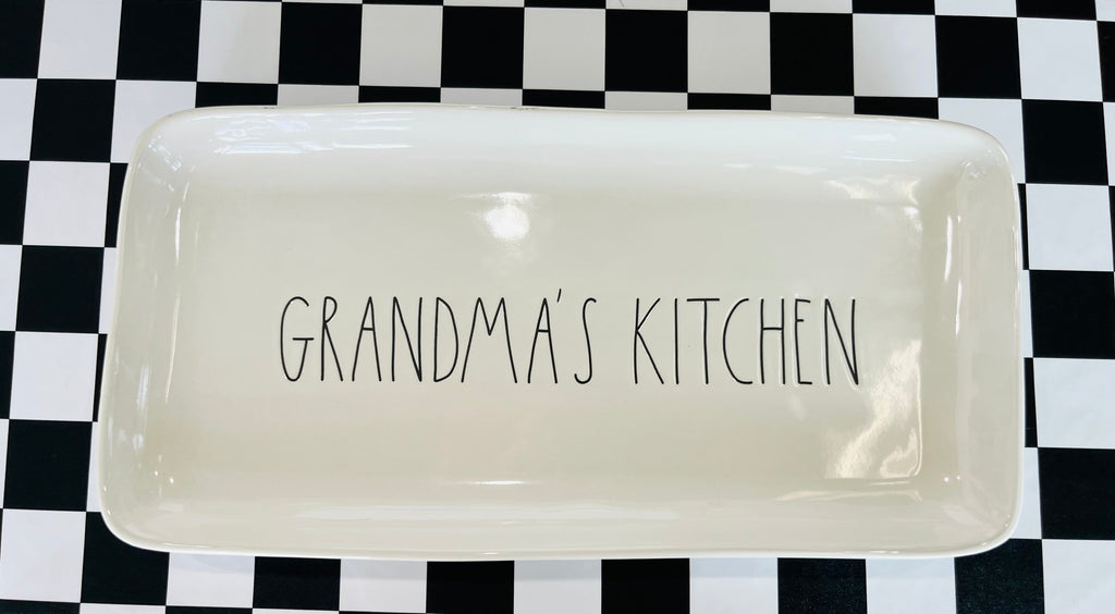 Rectangular white tray with 'Grandma's Kitchen' text on a black and white checkered background