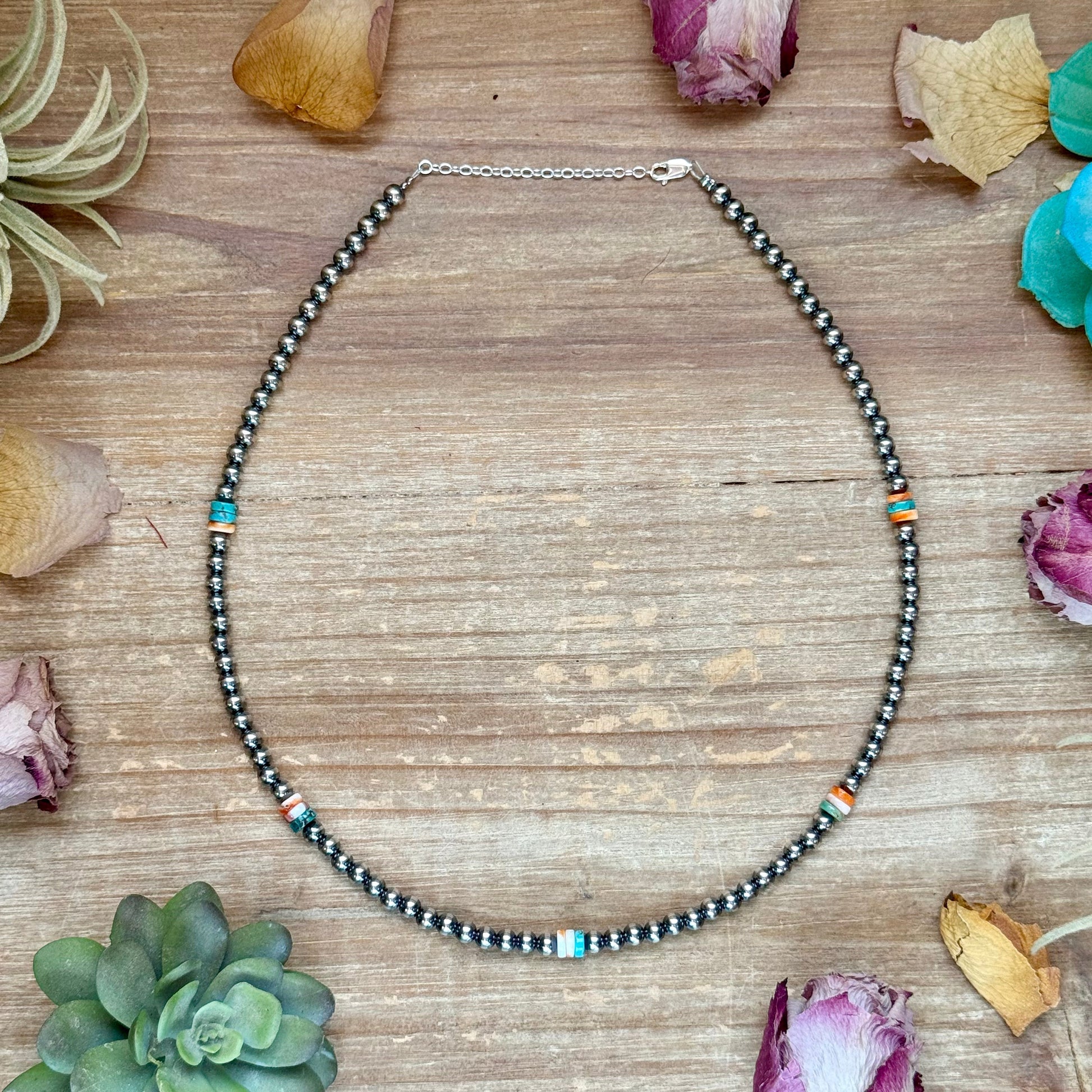 Mixed Turquoise & Spiny Oyster Heishi Necklace – 19”