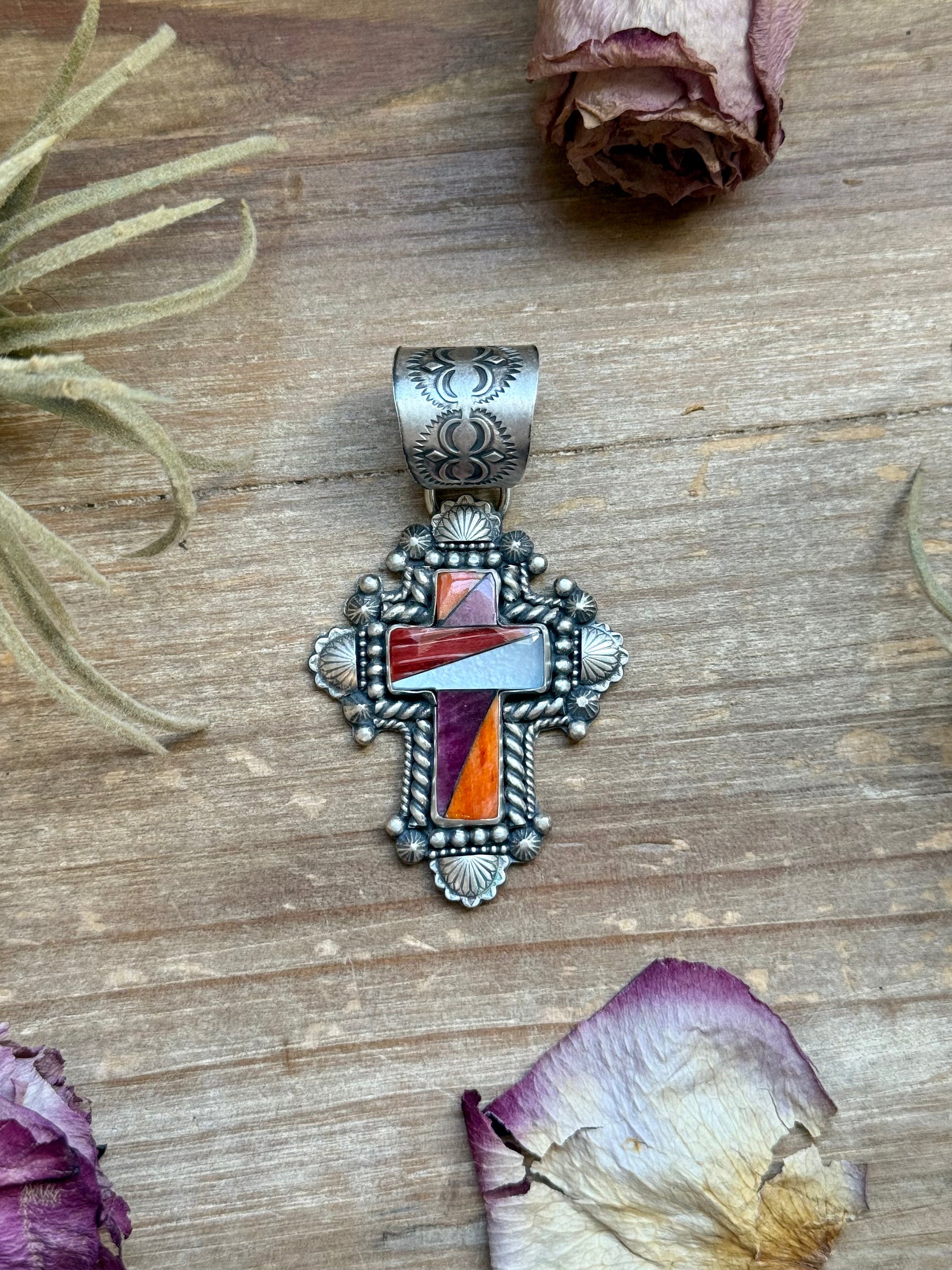 Sterling Silver Multi-Stone Inlay Cross Pendant – Mother of Pearl & Spiny Oyster – Handmade by Artist Shay Pfeiffer