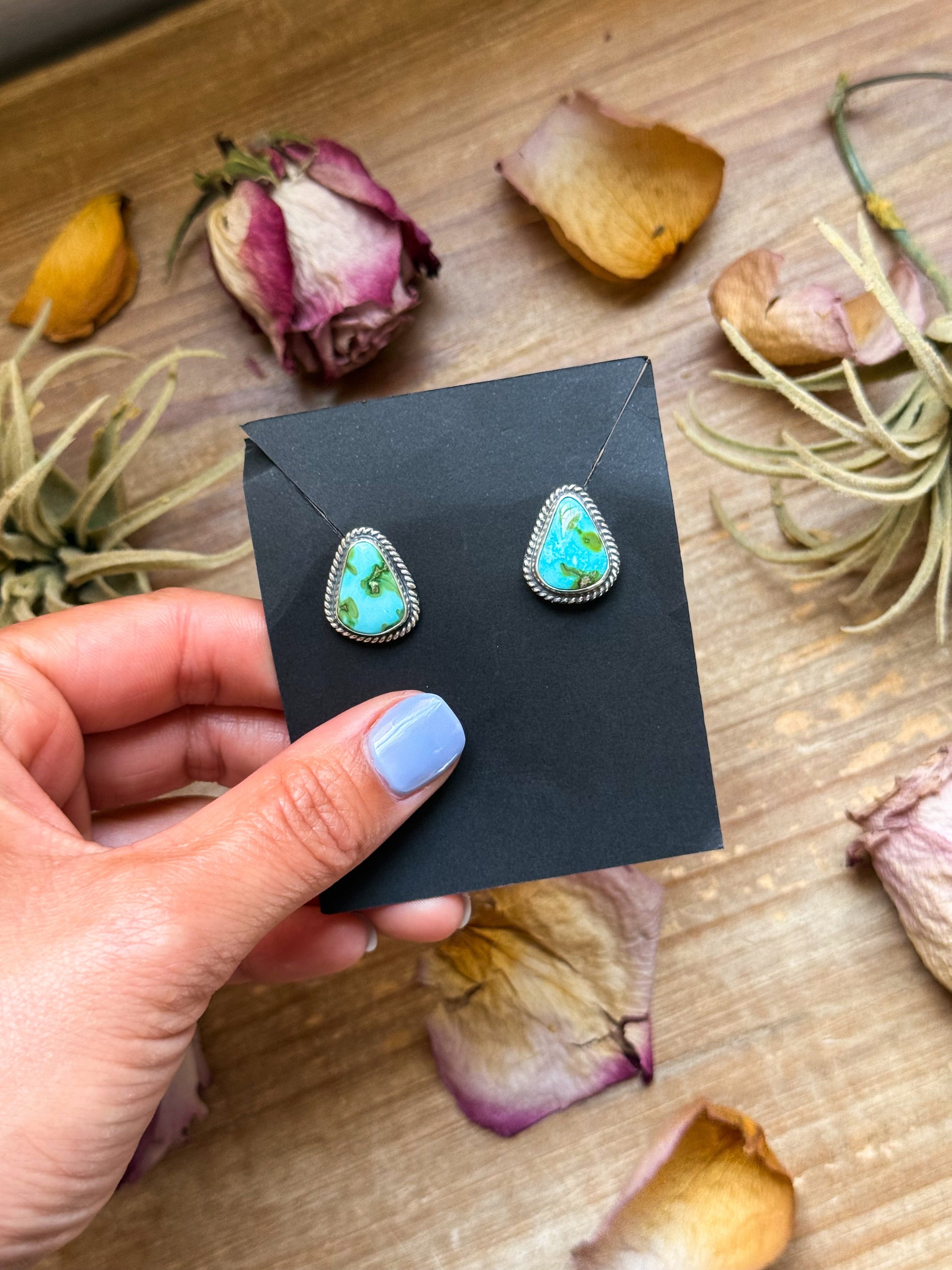 Sterling Silver Sonoran Mountain Turquoise Stud Earrings – Handmade by Artist Jason Ogg