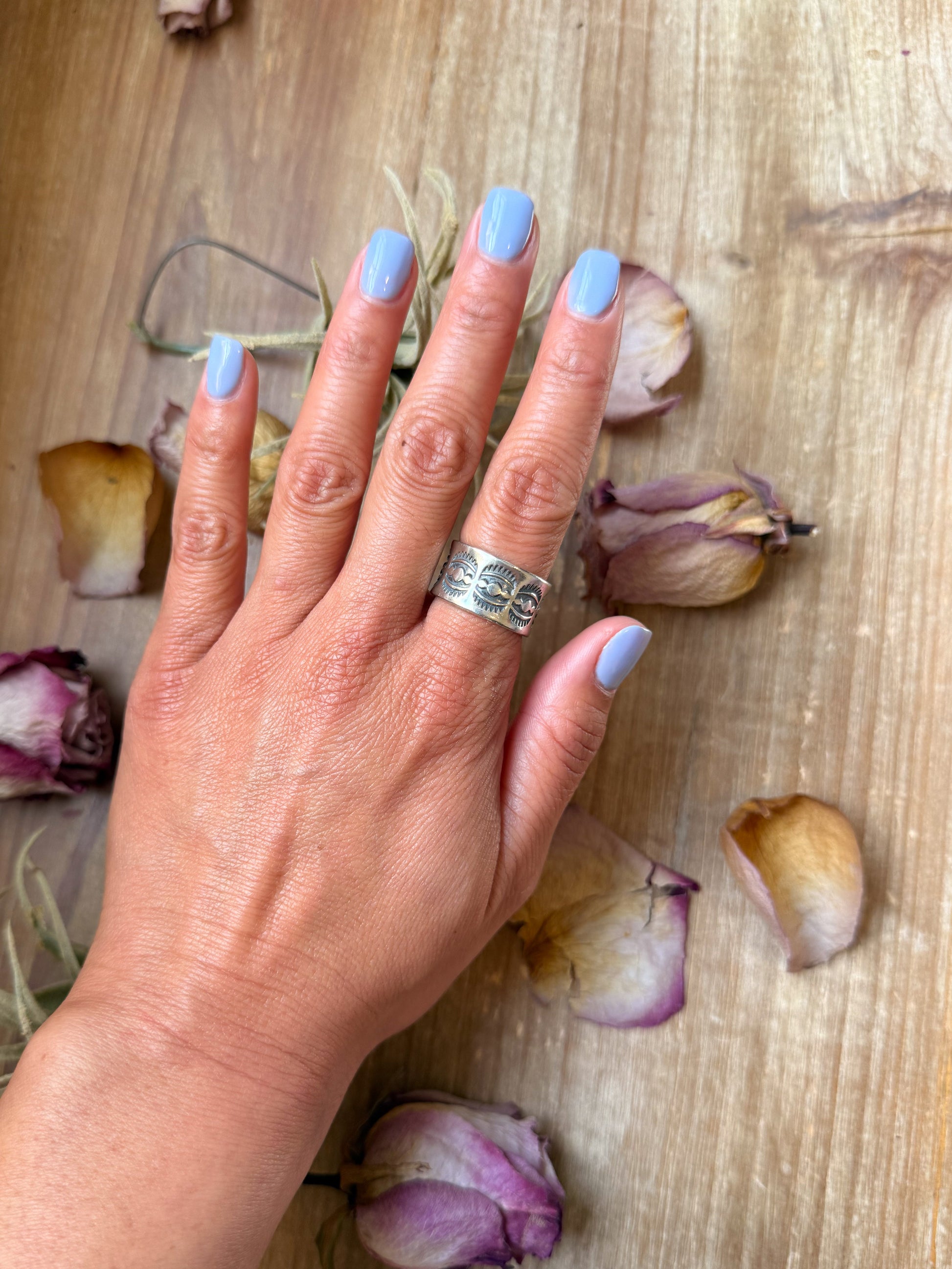 Sterling Silver Hand-Milled Wide Band Sun Ray Stamped Ring – Size 8.5 – Handmade by Artist Jason Ogg