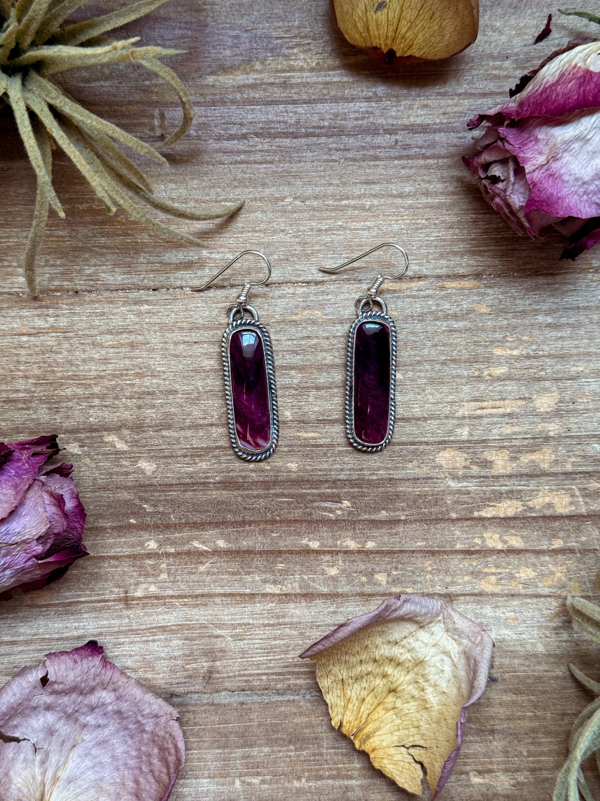 Sterling Silver Purple Spiny Oyster Dangle Earrings – Handmade by Artist Jason Ogg