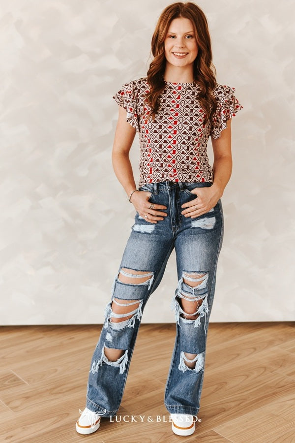 Mid Wash Distressed Stretch High Rise Trouser Jeans