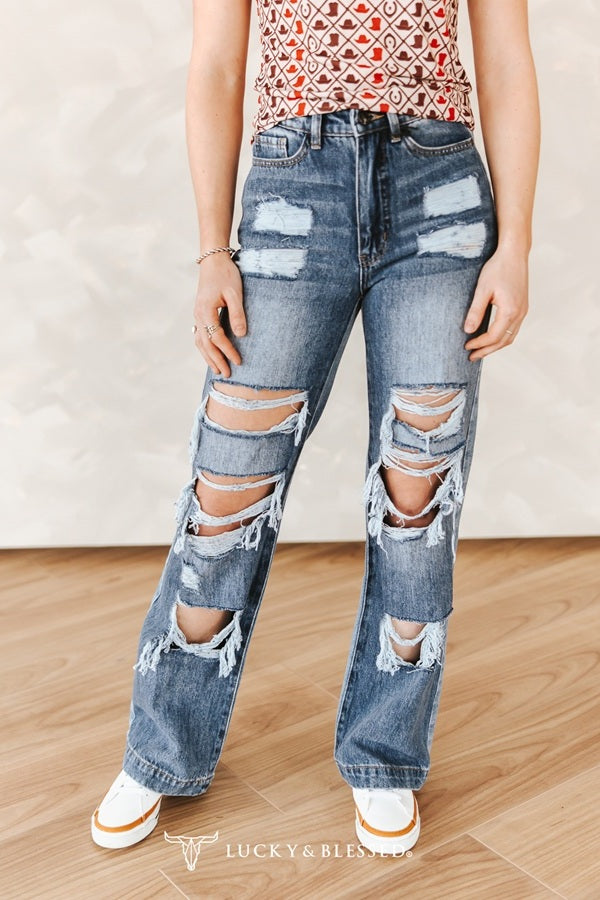 Mid Wash Distressed Stretch High Rise Trouser Jeans