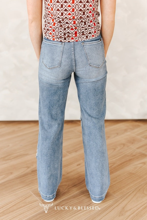 Mid Wash Distressed Stretch High Rise Trouser Jeans