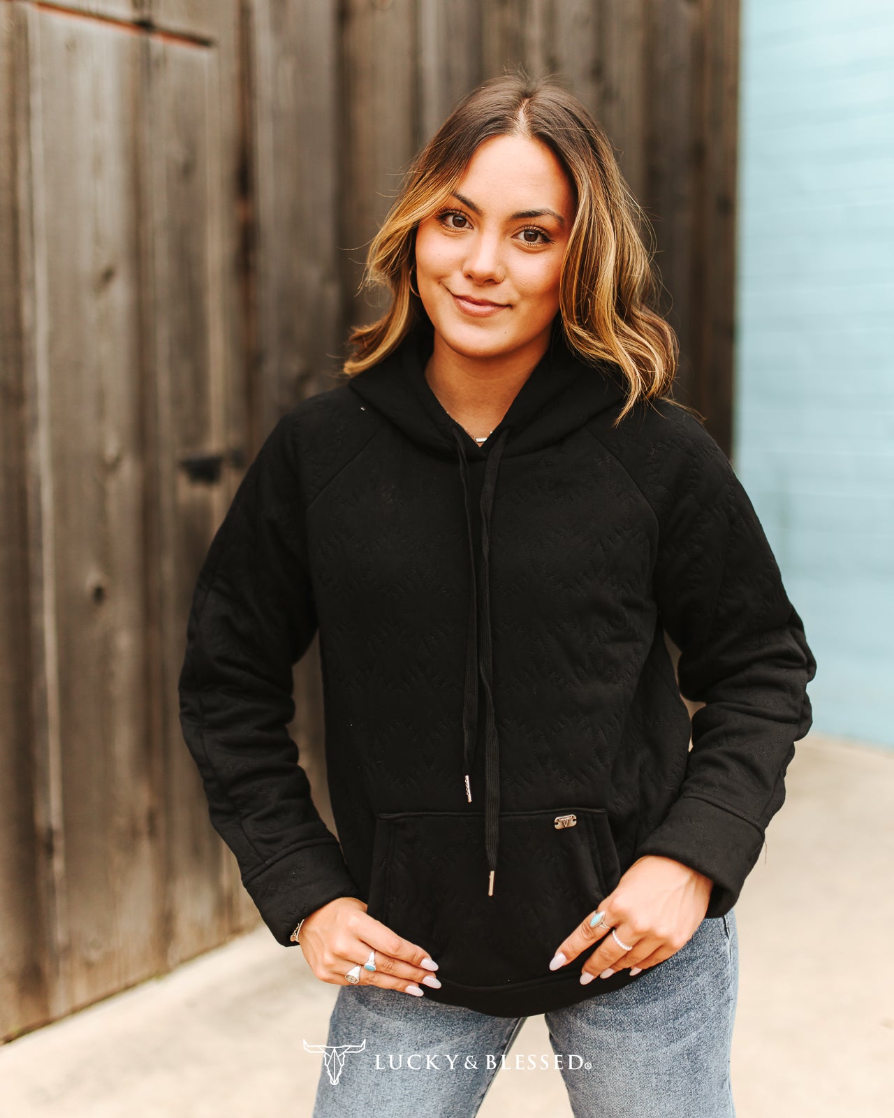 Black Quilted Drawstring Front Pocket Hoodie
