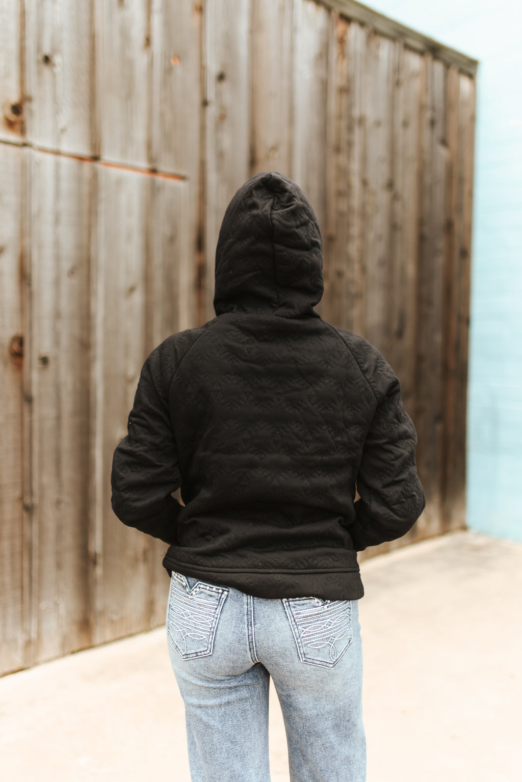 Black Quilted Drawstring Front Pocket Hoodie