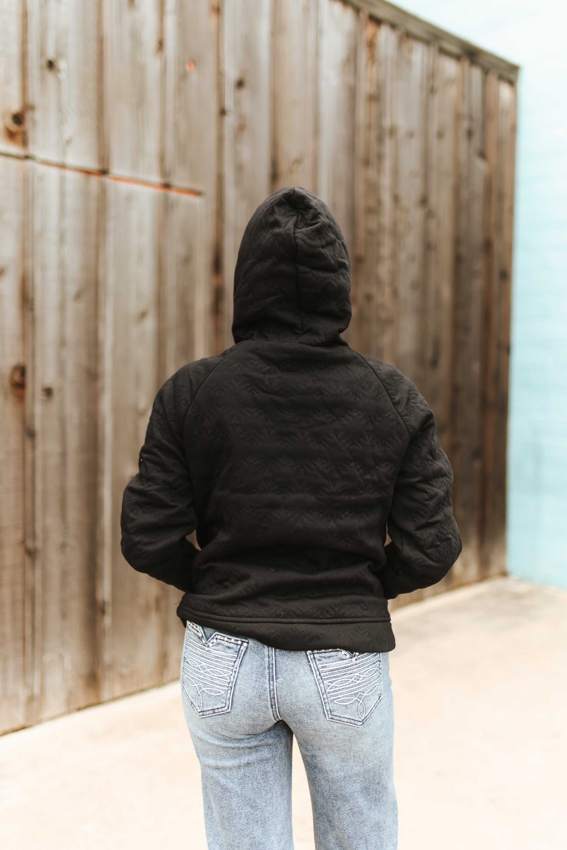 Black Quilted Drawstring Front Pocket Hoodie