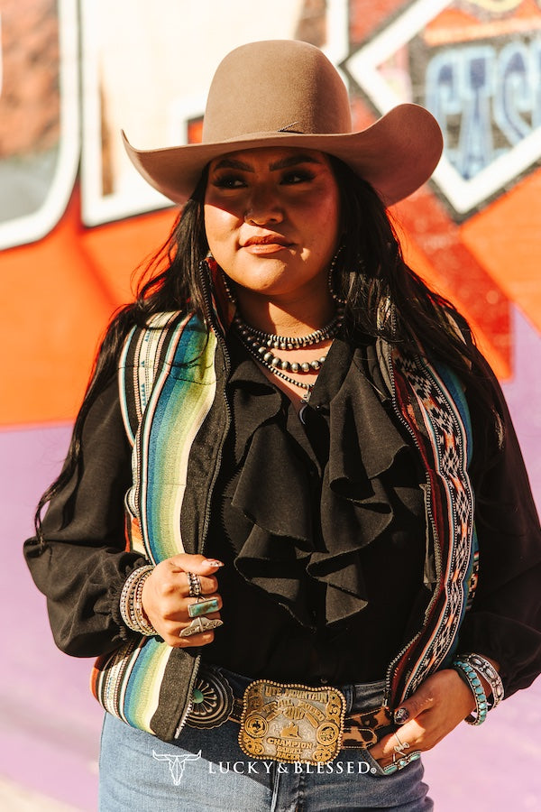 Black Serape Woven Zip-Up Sleeveless Puffer Vest