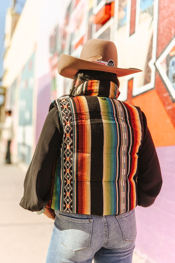 Black Serape Woven Zip-Up Sleeveless Puffer Vest