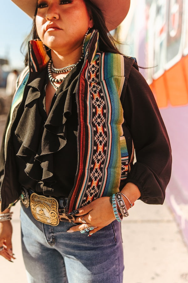 Black Serape Woven Zip-Up Sleeveless Puffer Vest