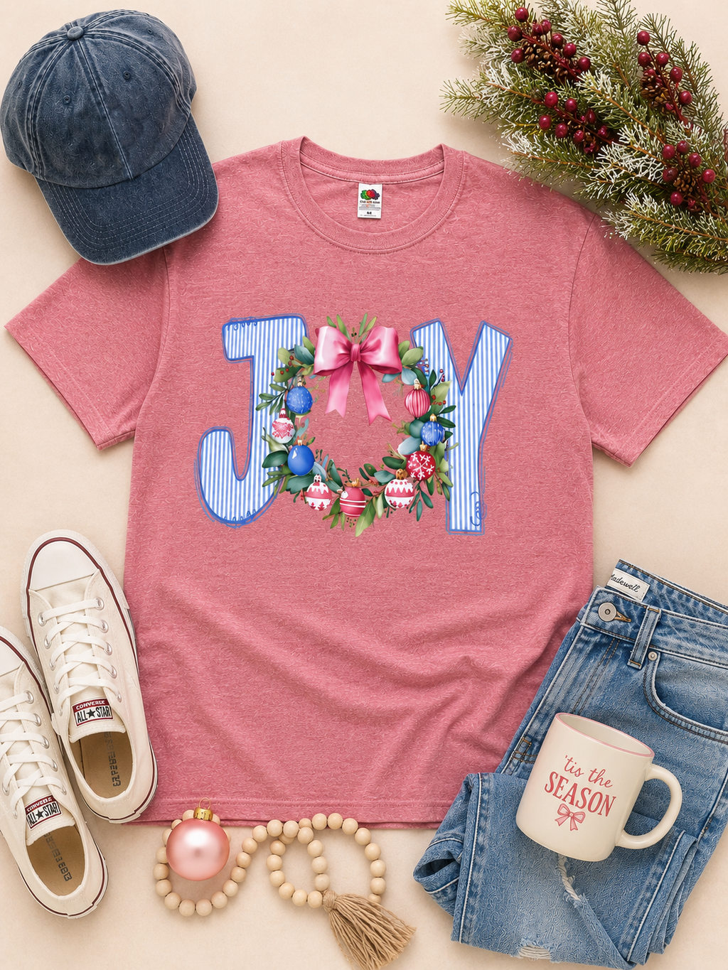 Joy Wreath Christmas Pigment Dye Graphic  T-Shirt