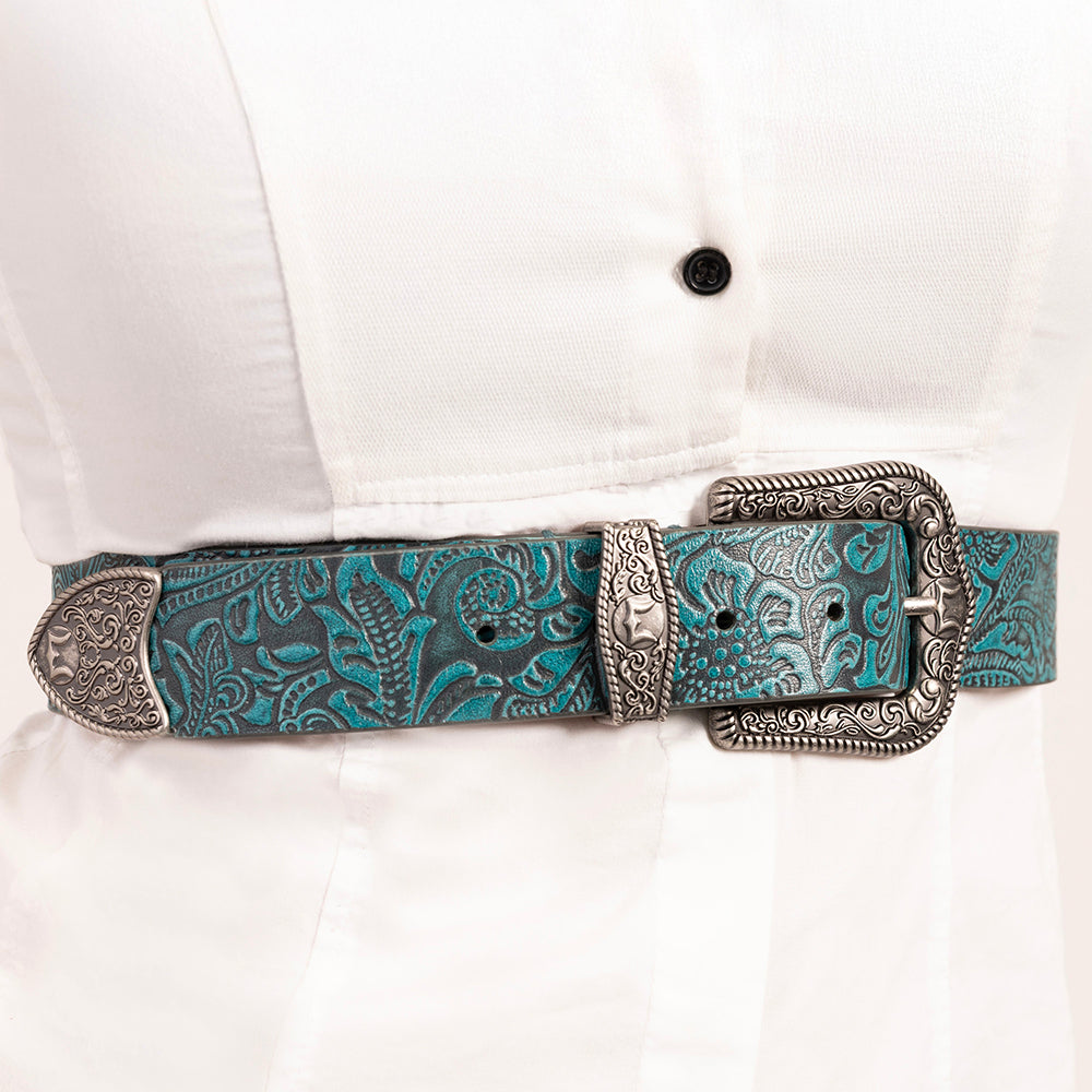 Loyal West Sophia Belt- Turquoise Floral Leather