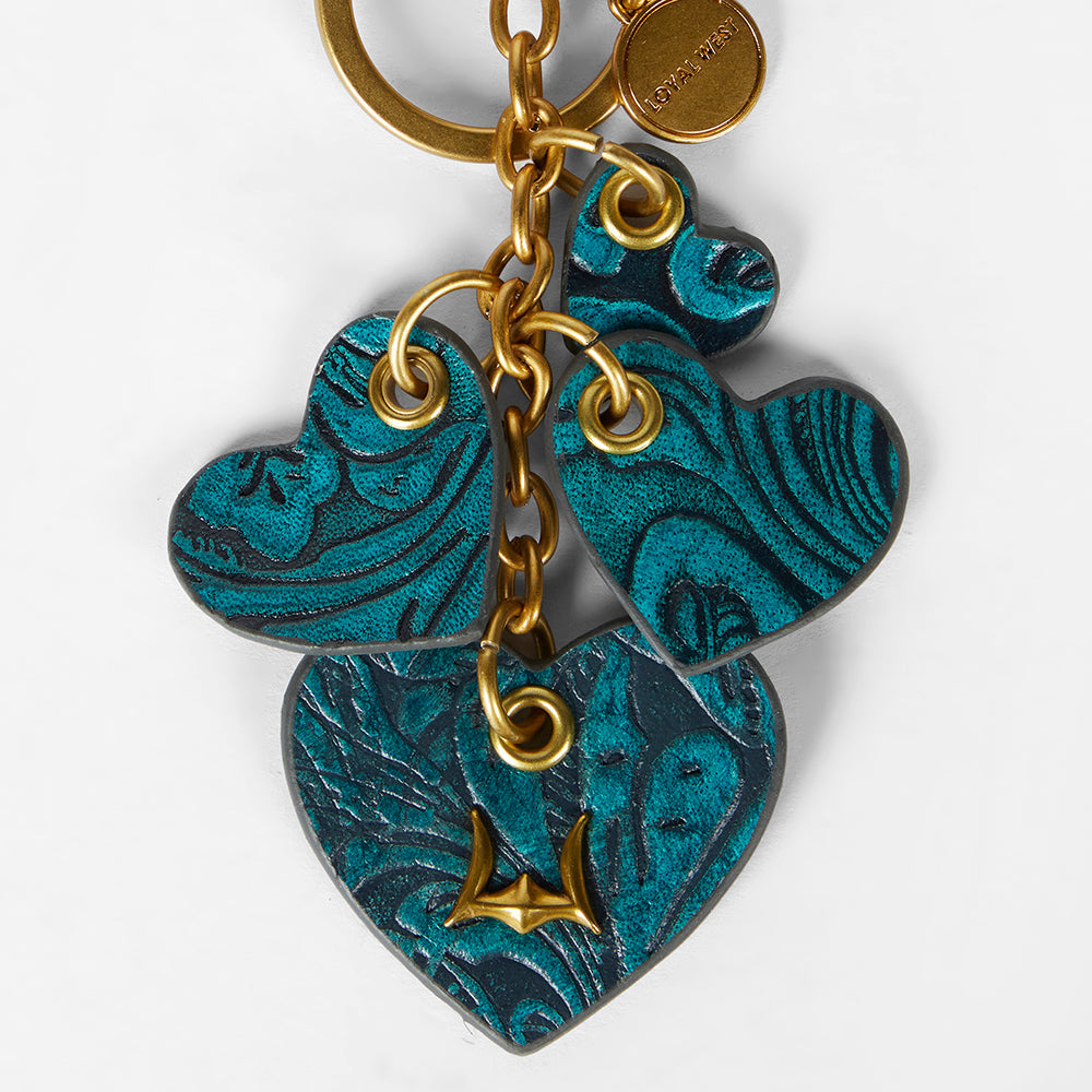 Loyal West HEART SHAPE KEYCHAIN IN HAND FINISHED EMBOSSED LEATHER -  TURQUOISE