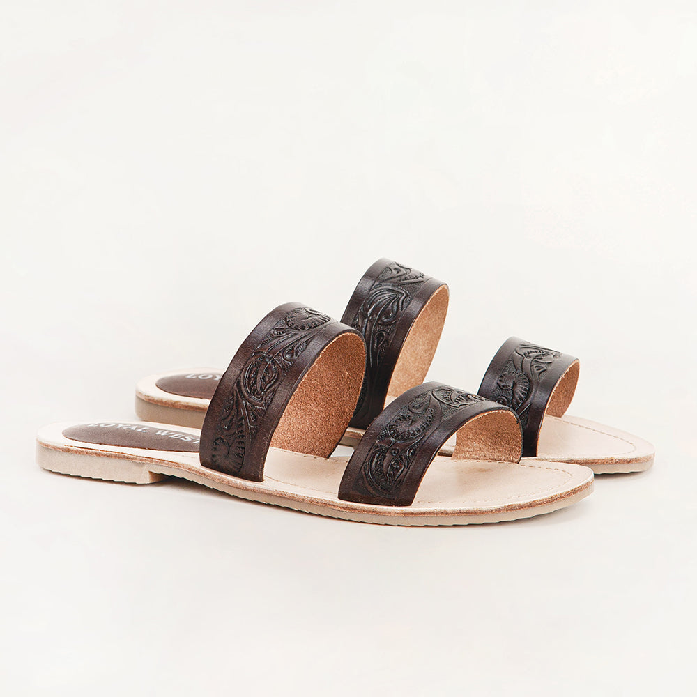 Loyal West Mesa Wanderer Sandals - Black Handtooled Leather
