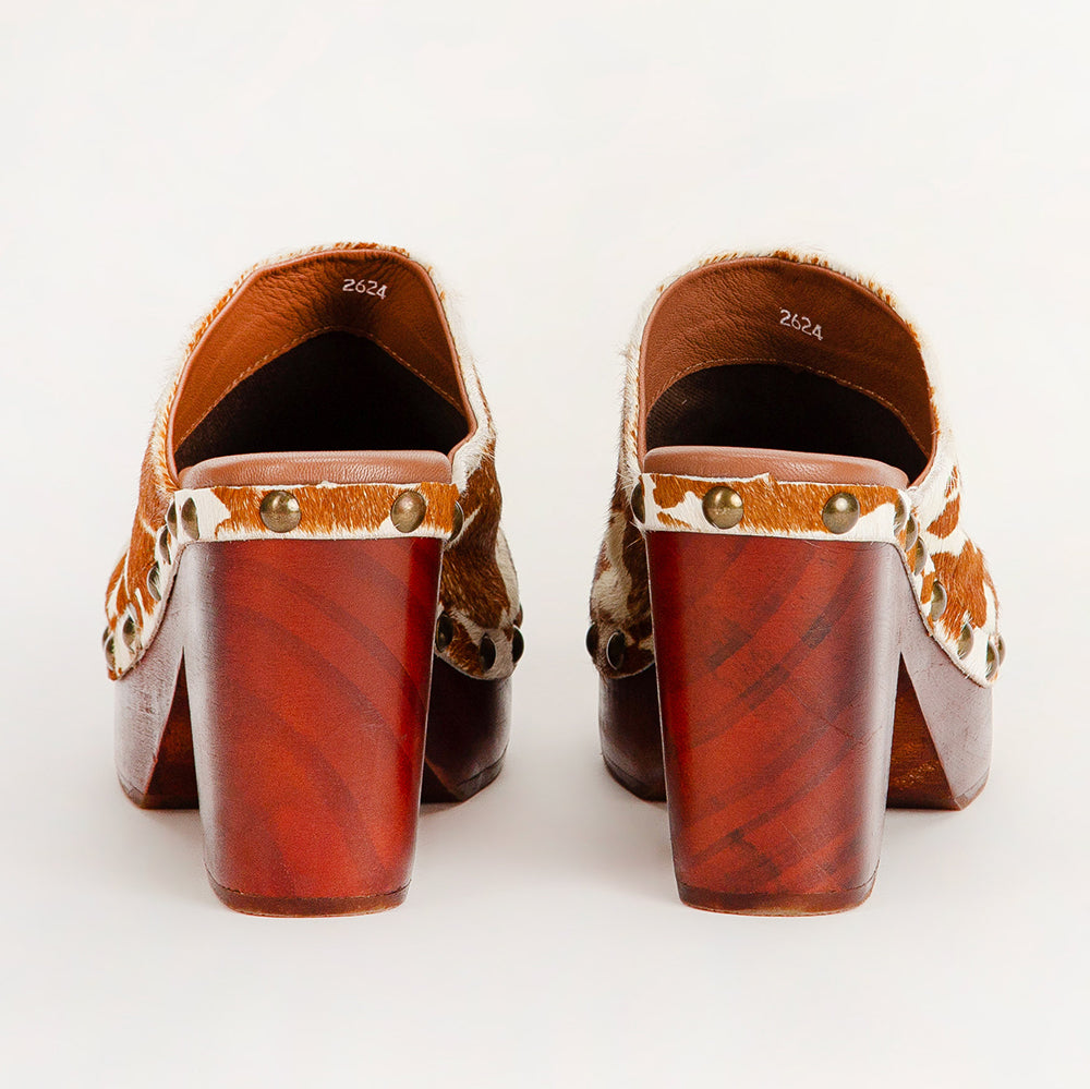 Loyal West Carlotta Trail Clogs Brown And White Cowhide