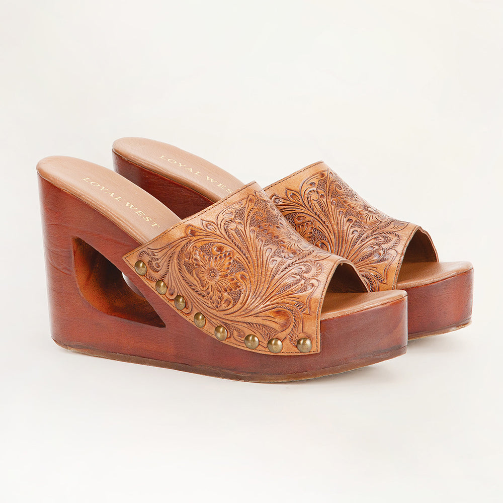 Loyal West Desert Wanderer Sandals - Light Brown Handtooled Leather
