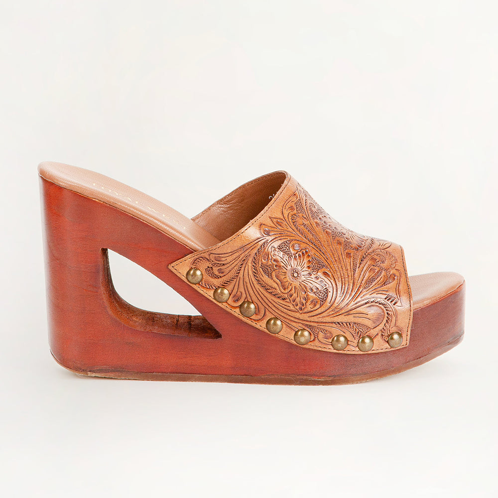 Loyal West Desert Wanderer Sandals - Light Brown Handtooled Leather