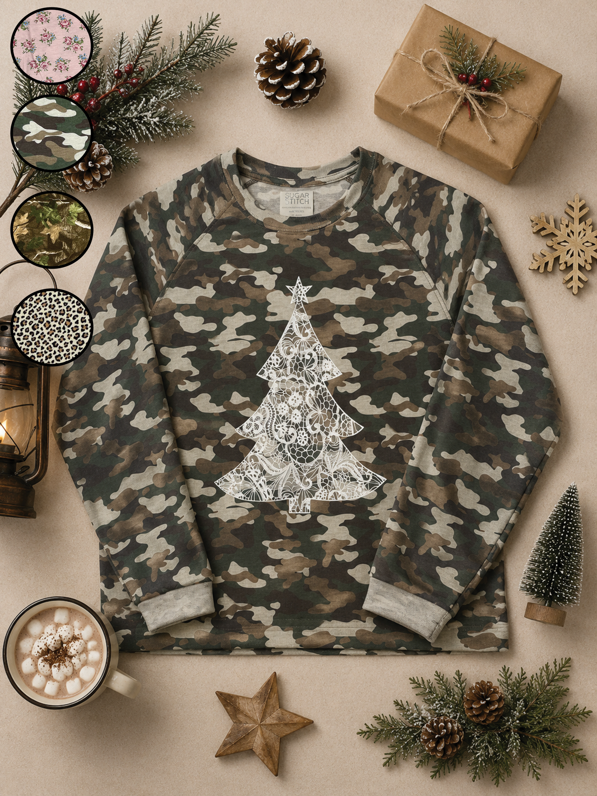 Lace Christmas Tree AOP Edgy Long Sleeve Graphic Shirt