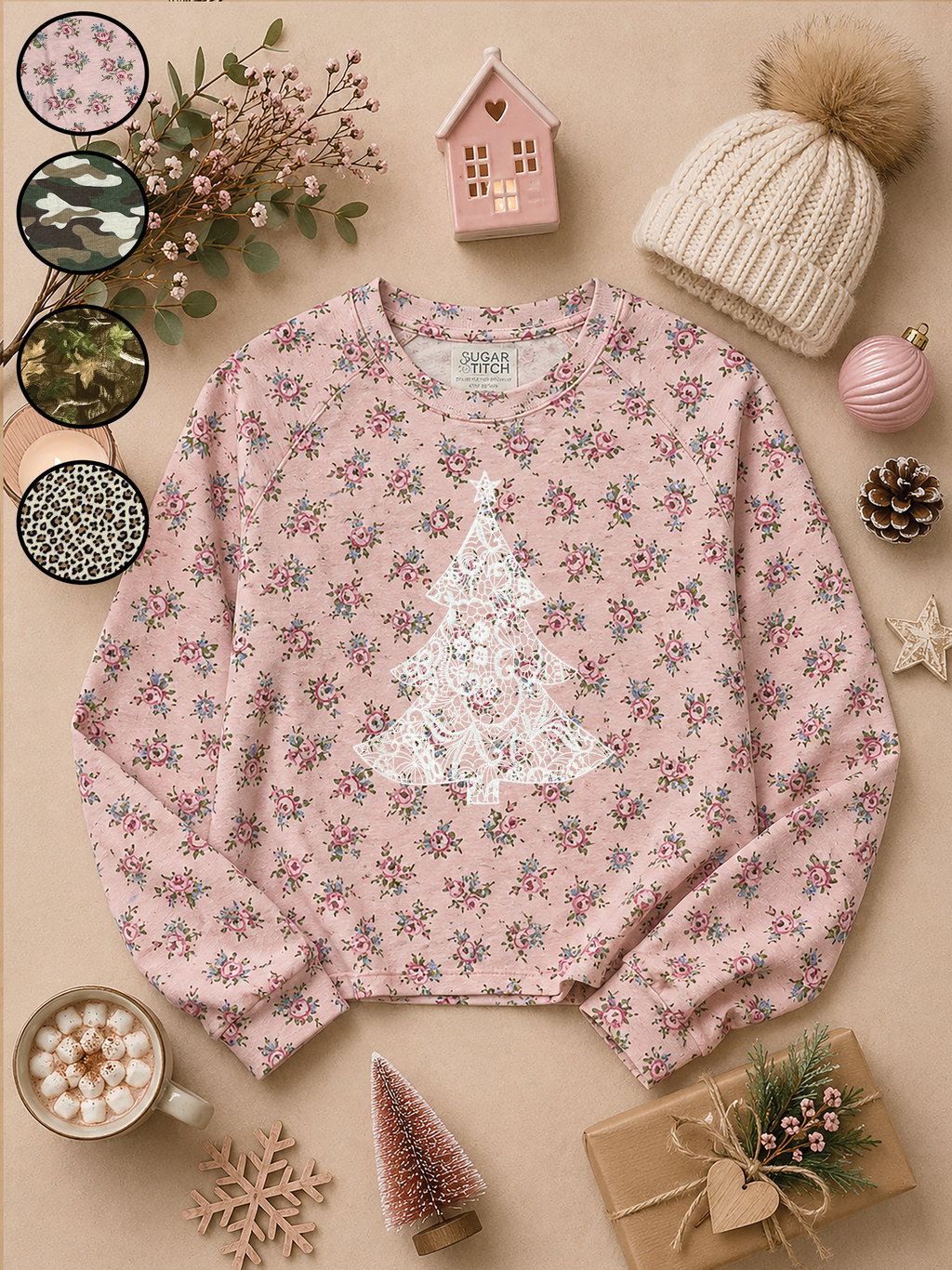 Lace Christmas Tree AOP Edgy Long Sleeve Graphic Shirt