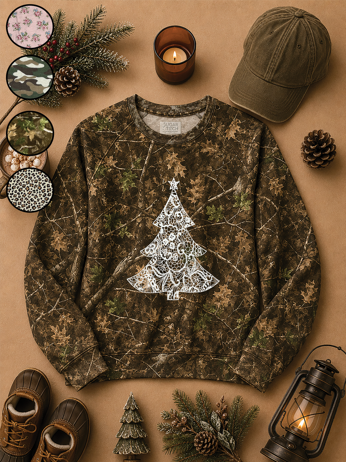Lace Christmas Tree AOP Edgy Long Sleeve Graphic Shirt