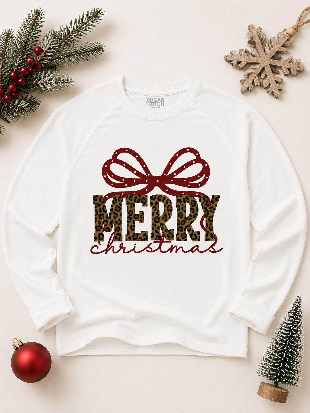 Merry Christmas Rhinestone Bow Graphic Edgy Long Sleeve Shirt