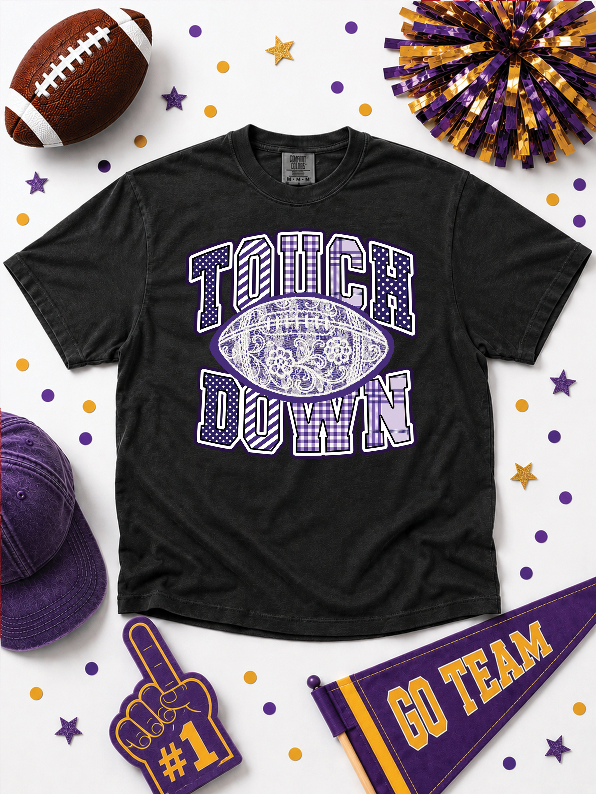 Lace Football Touchdown Pattern Graphic Comfort Color Boxy T-Shirt