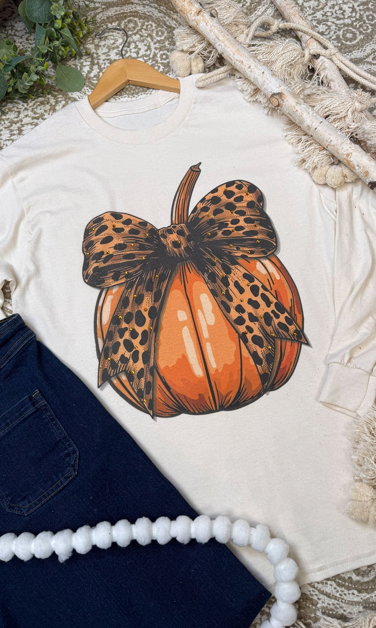 Pumpkin Cheetah Bow Rhinestone Graphic Long Sleeve Shirt