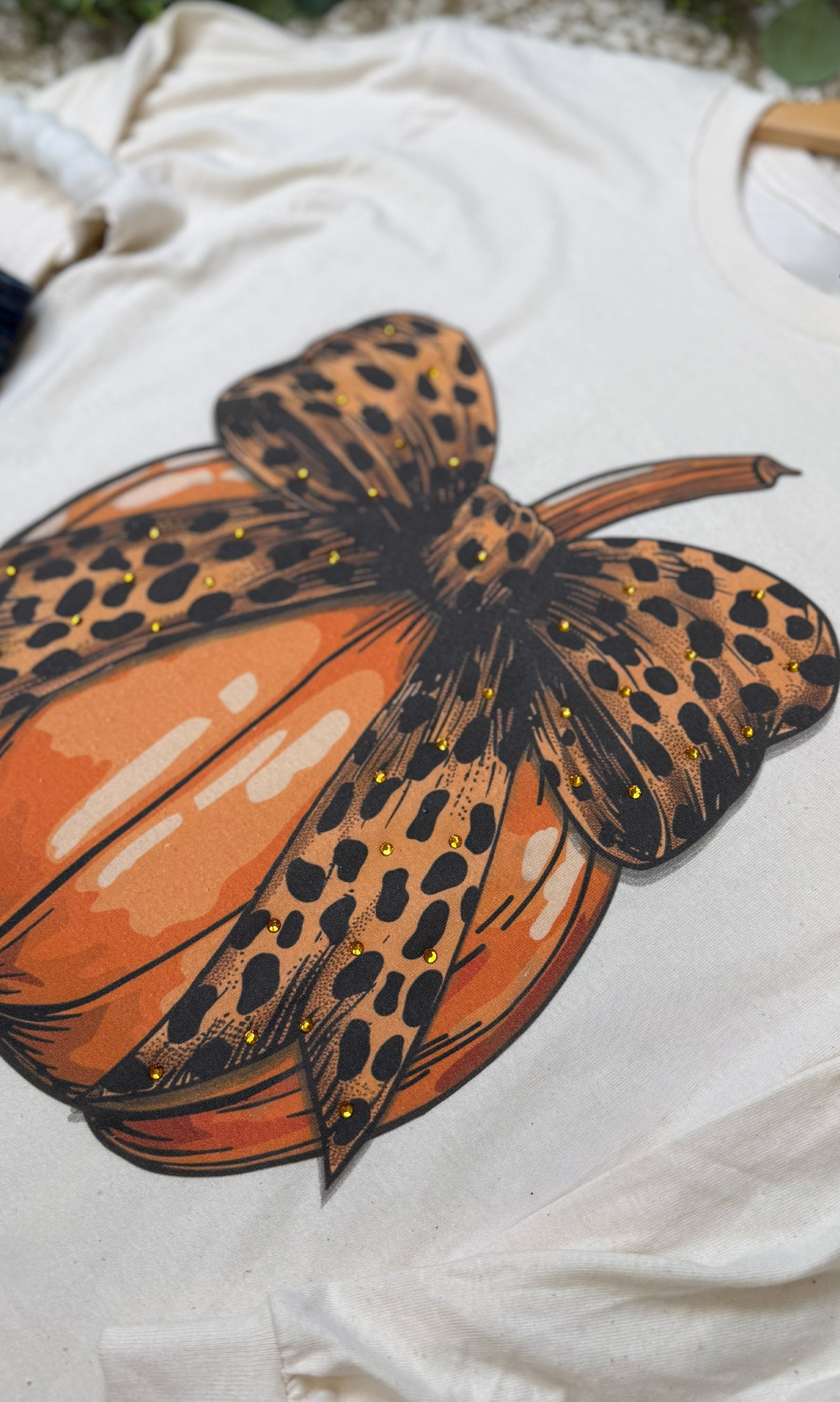 Pumpkin Cheetah Bow Rhinestone Graphic Long Sleeve Shirt