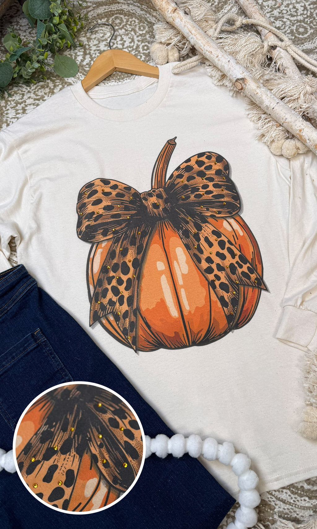 Pumpkin Cheetah Bow Rhinestone Graphic Long Sleeve Shirt