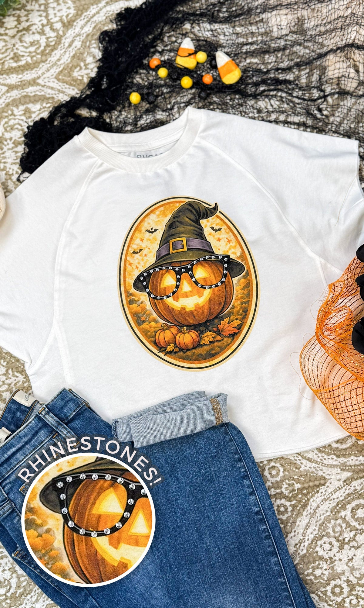 Pumpkin with Rhinestone Specs Graphic Edgy Shirt