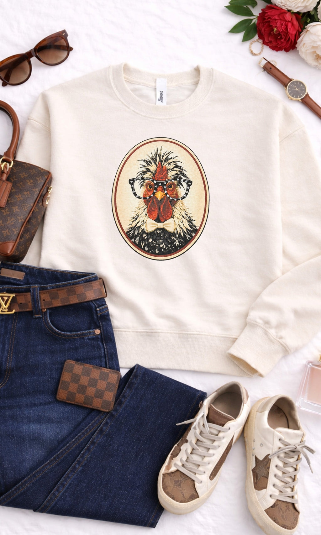 Chicken with Rhinestone Specs Graphic Sweatshirt