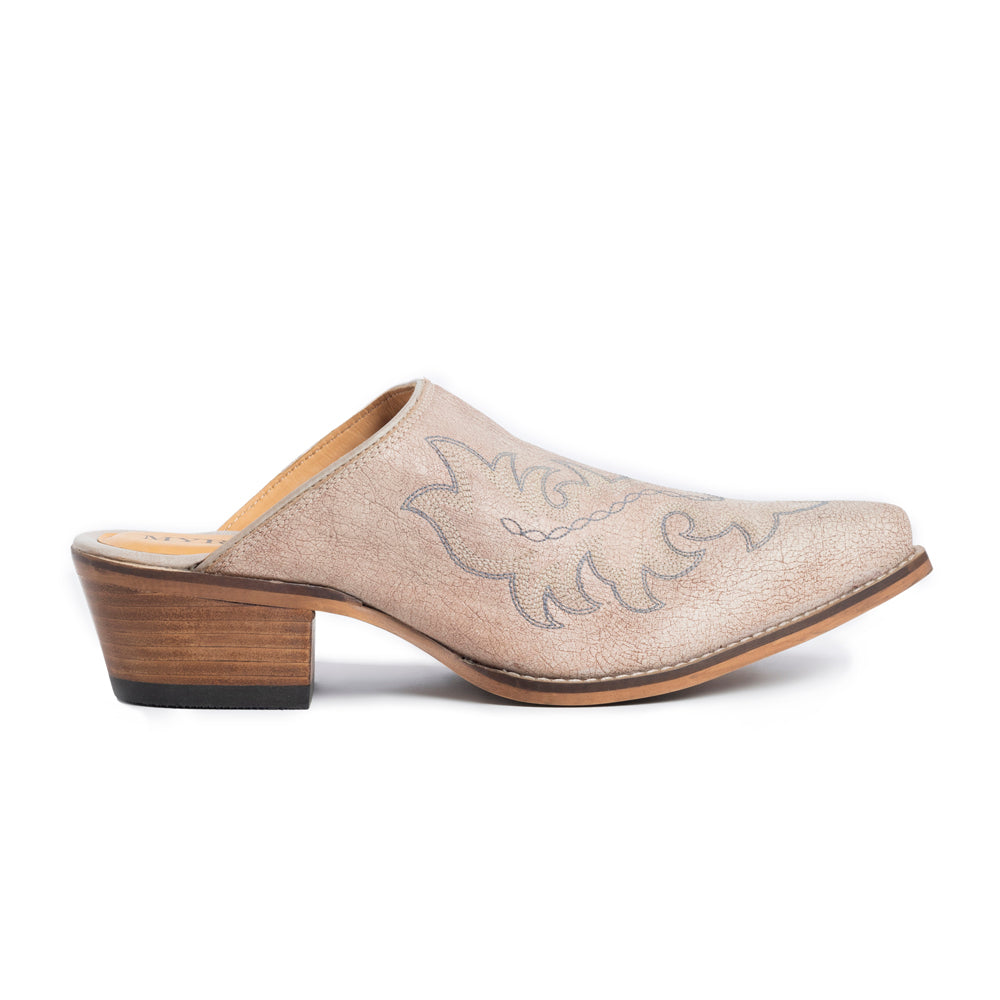 Myra El Paso Ivory Embriodered Mules for Women with Low Block heel and Western Leather