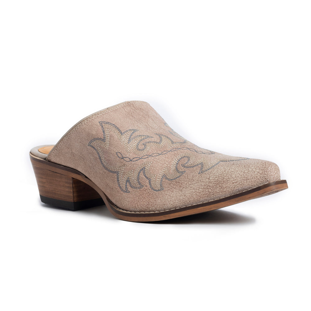 Myra El Paso Ivory Embriodered Mules for Women with Low Block heel and Western Leather