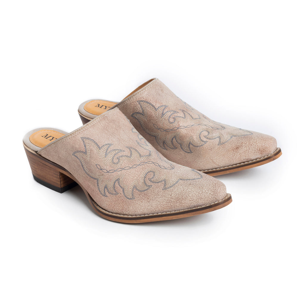 Myra El Paso Ivory Embriodered Mules for Women with Low Block heel and Western Leather