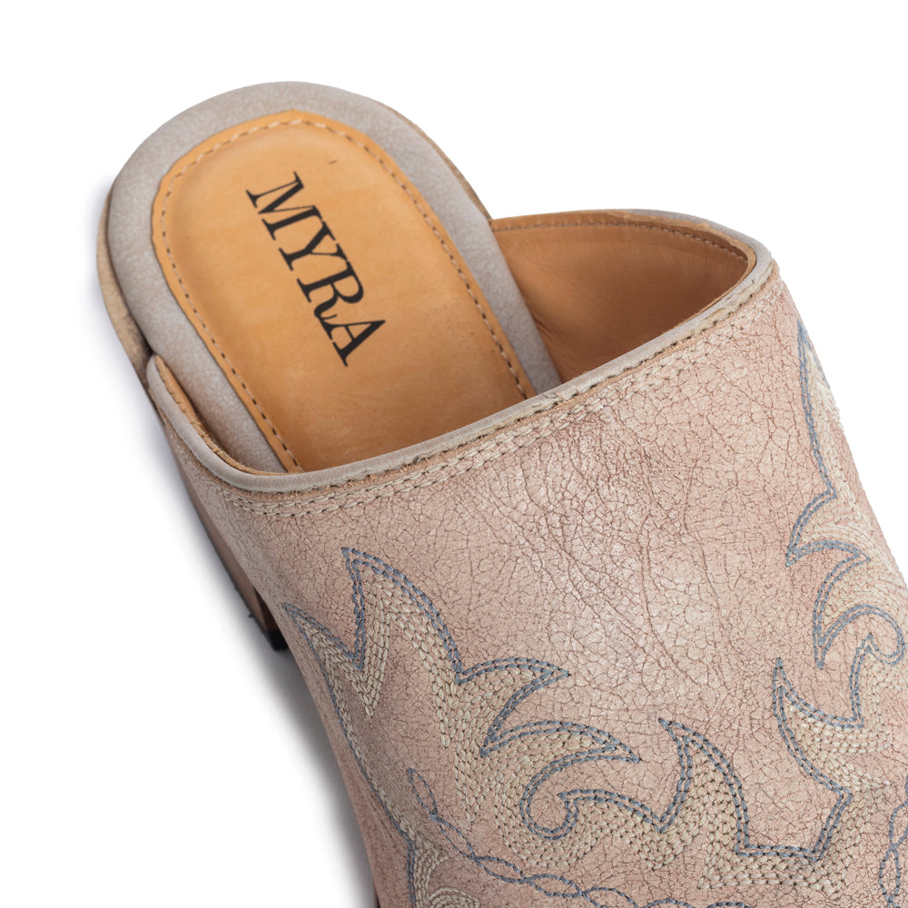 Myra El Paso Ivory Embriodered Mules for Women with Low Block heel and Western Leather