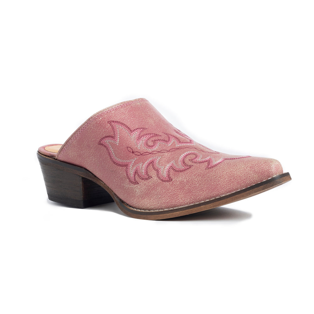 Myra Ximena Leather Mules in Pink - Handstitched Cowgirl Mules with Low Heel for Carnival Chic