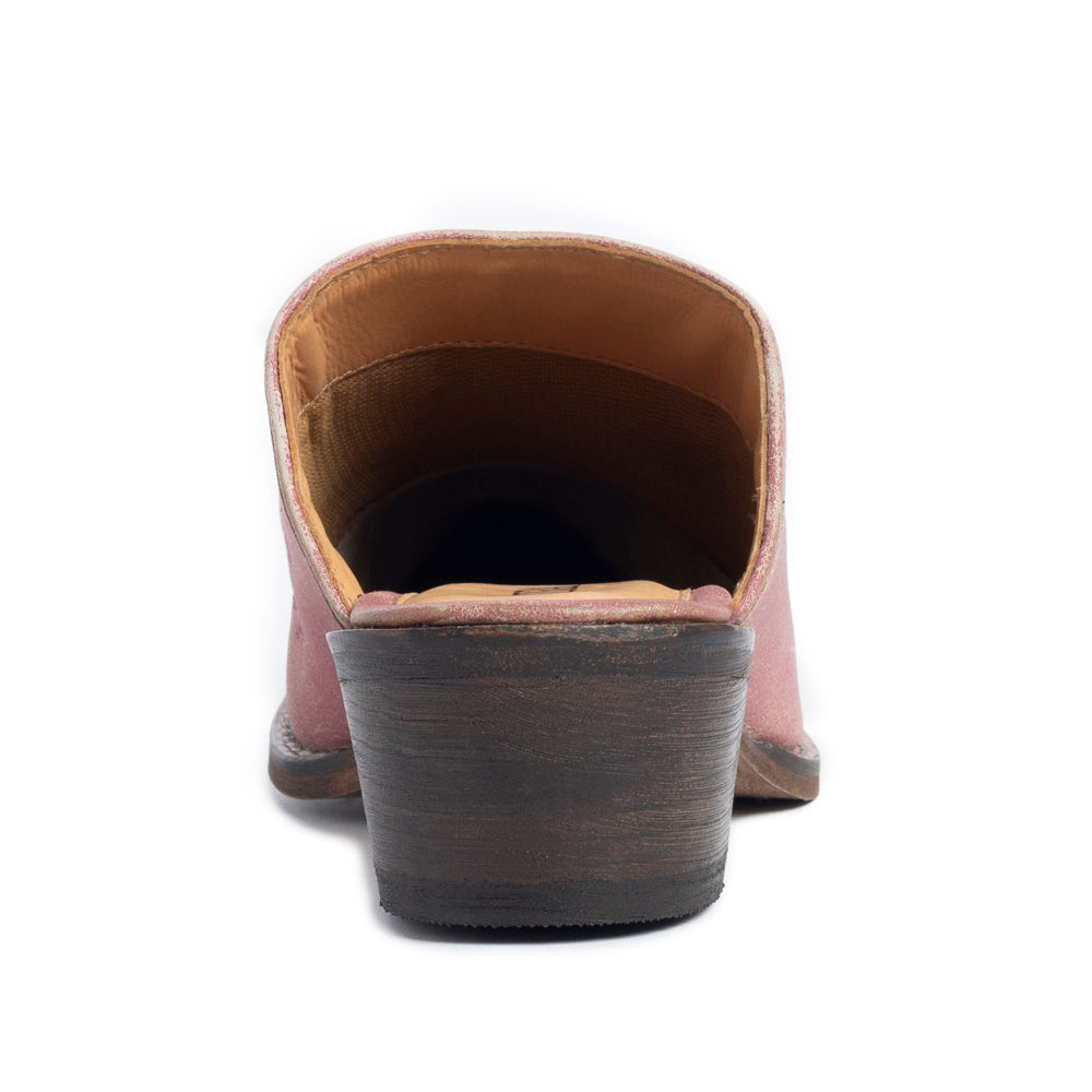 Myra Ximena Leather Mules in Pink - Handstitched Cowgirl Mules with Low Heel for Carnival Chic