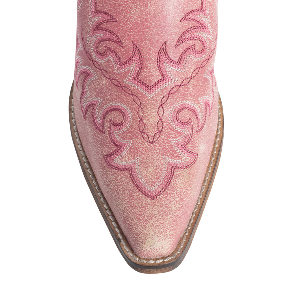 Myra Ximena Leather Mules in Pink - Handstitched Cowgirl Mules with Low Heel for Carnival Chic