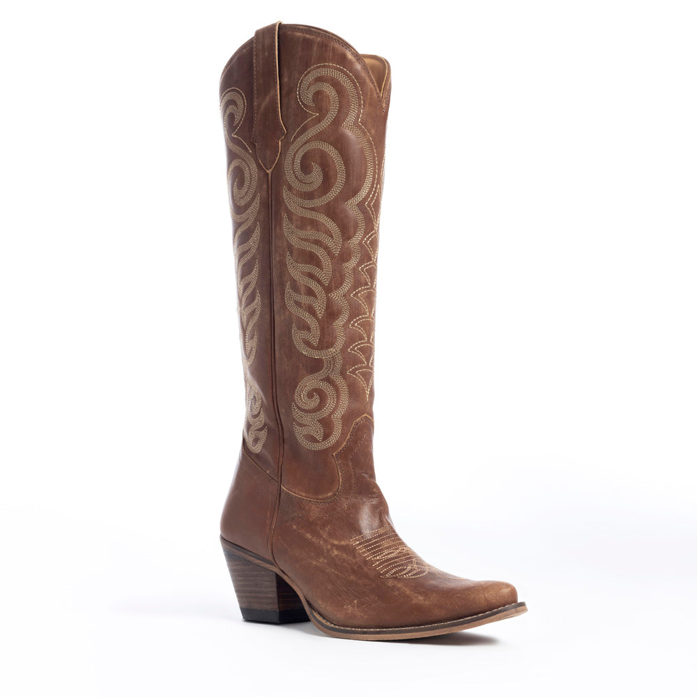 Myra Nalejandra Mocha Brown Leather Boots for Women - Embroidered Tall Western Heels with Pointed Toe for Festive Country Style