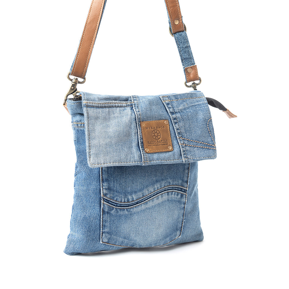 Myra Jaycee's Day Upcycled Denim Crossbody Bag - Foldover Everyday Sling with Leather Strap and Pocket Detail for Laid-Back Vibes