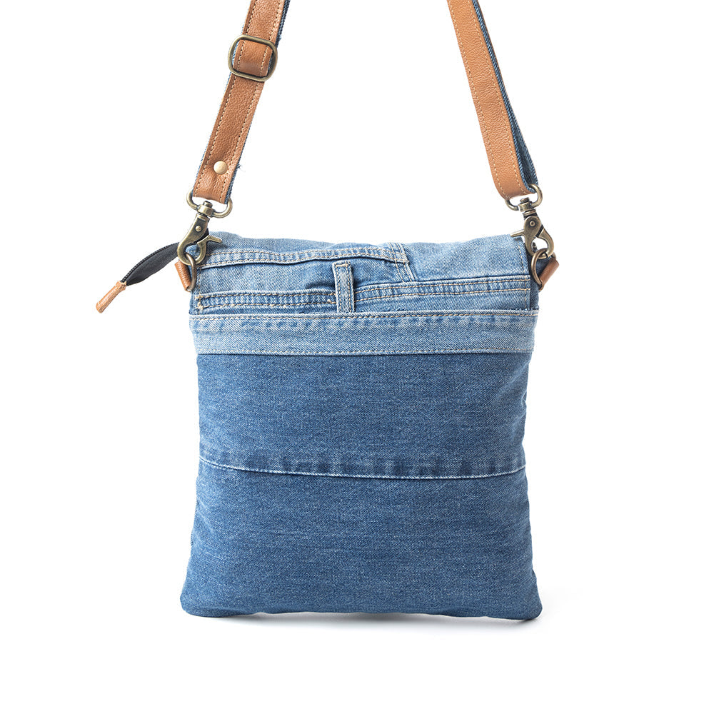Myra Jaycee's Day Upcycled Denim Crossbody Bag - Foldover Everyday Sling with Leather Strap and Pocket Detail for Laid-Back Vibes