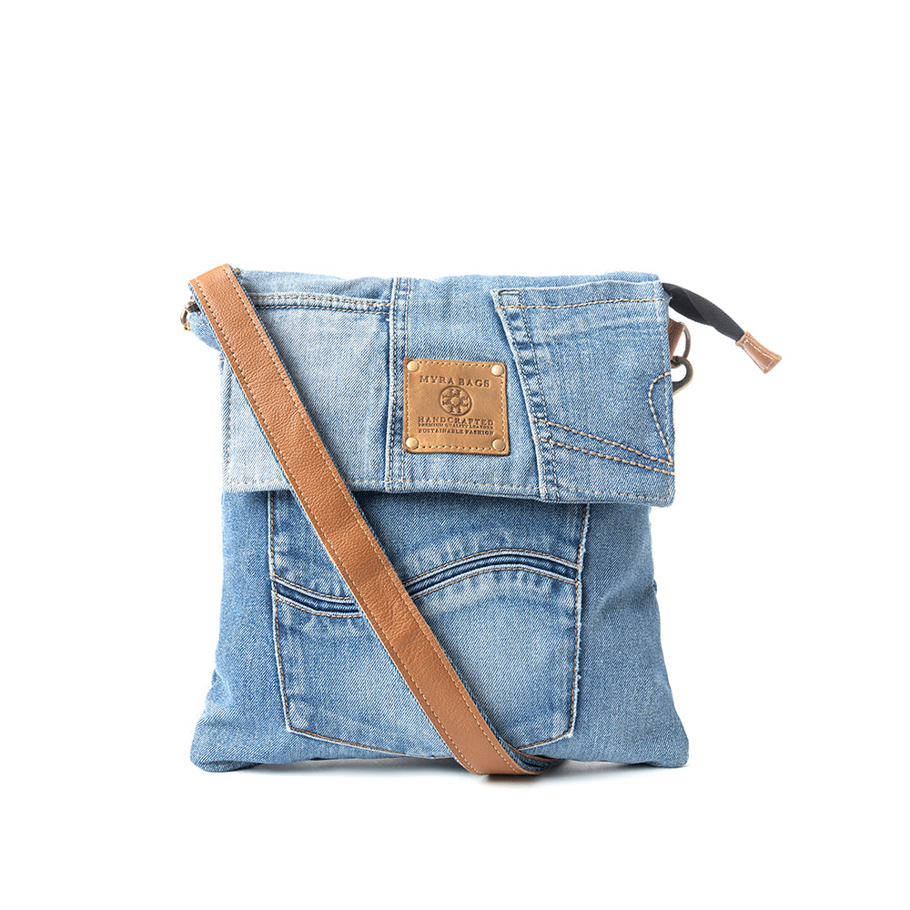 Myra Jaycee's Day Upcycled Denim Crossbody Bag - Foldover Everyday Sling with Leather Strap and Pocket Detail for Laid-Back Vibes
