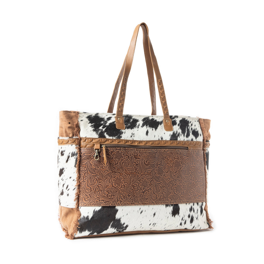 Myra Forester Junction Weekender Bag - Leather Cowhide Tote with Embossed Detailing for Ranch Escapes