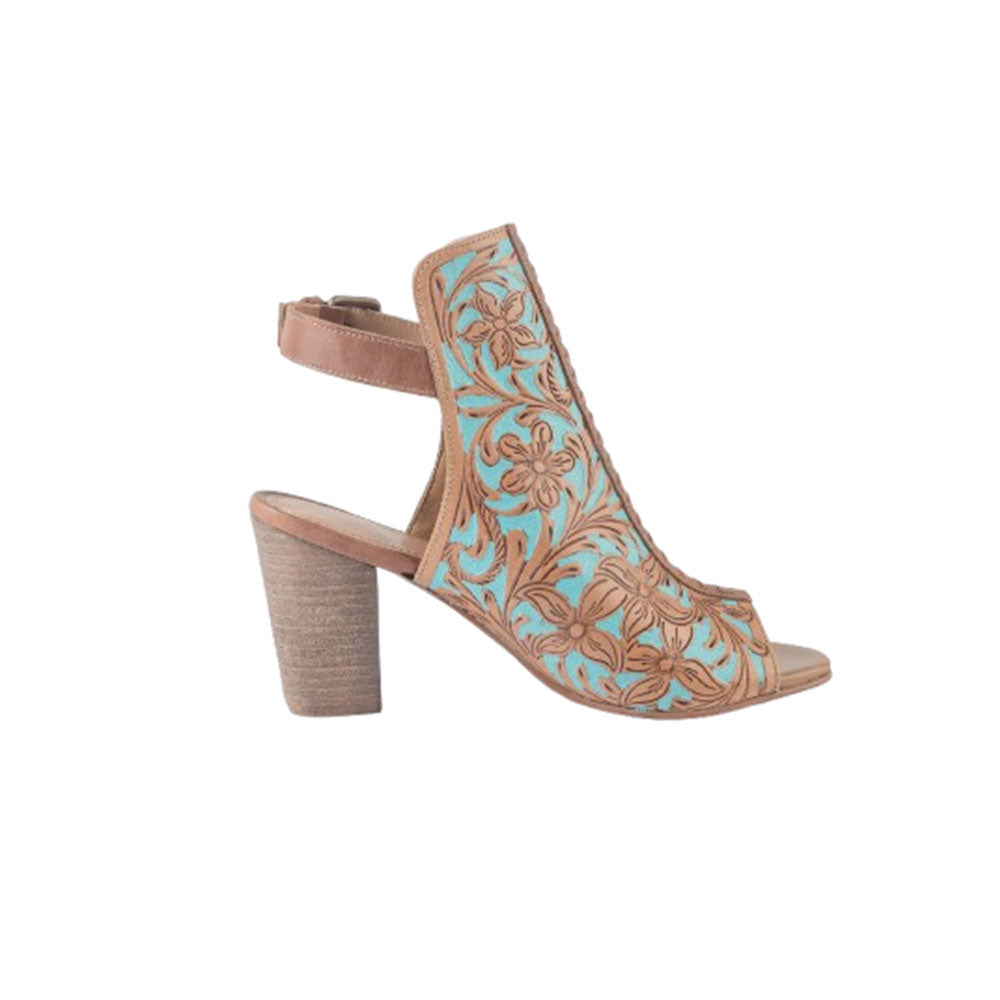 Myra Darington Ranch Heel Shoes for Women with genuine handtooled leather in peep toe style