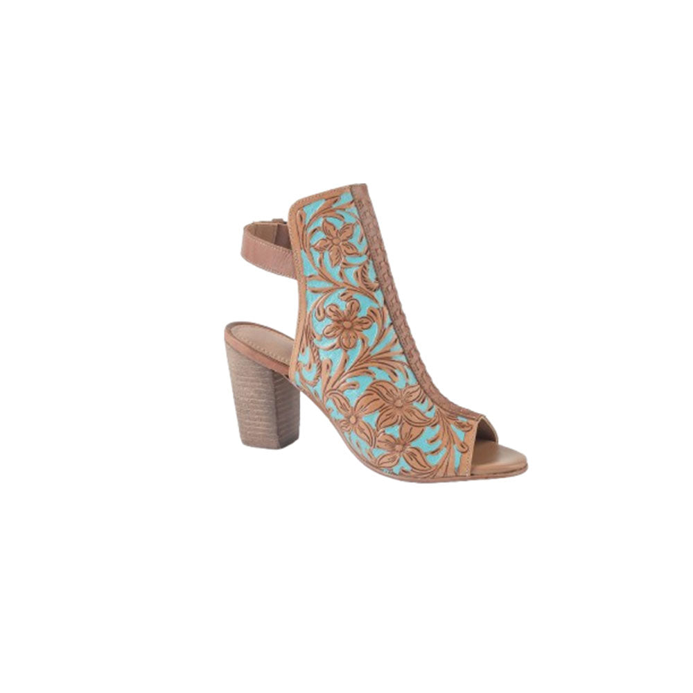 Myra Darington Ranch Heel Shoes for Women with genuine handtooled leather in peep toe style
